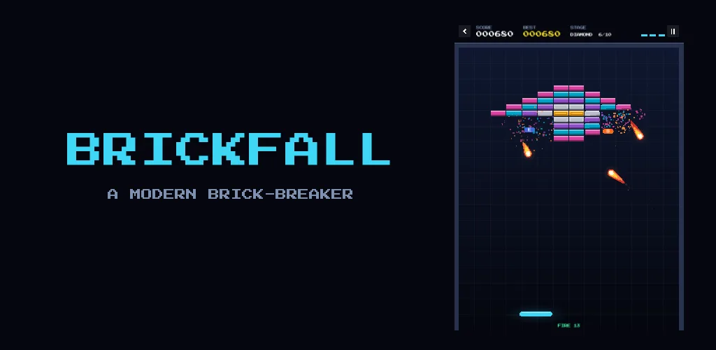 Logotipo de Brickfall, «A modern brick-breaker», junto a una partida en curso.